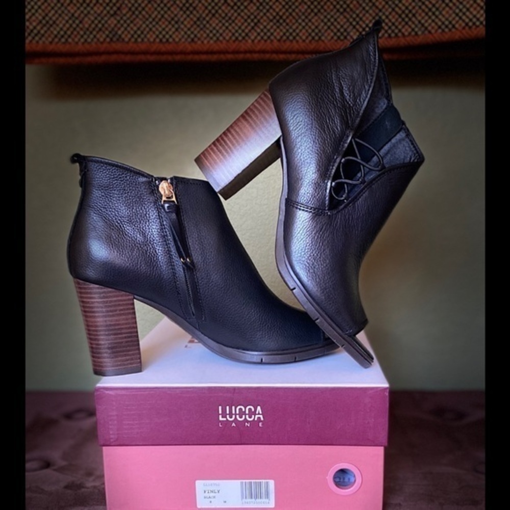 NIB-Lucca Lane Black Leather Peep-Toe Bootie